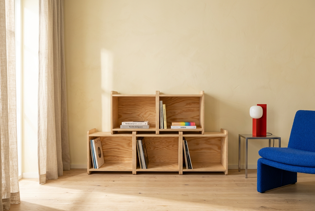 Five plywood modules styled with records in a sunlit Scandinavian living room